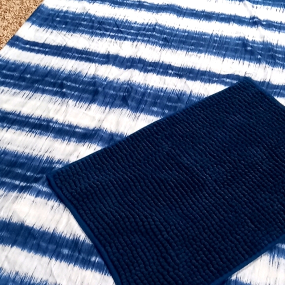 Mainstays blue and white shower curtain and blue rug